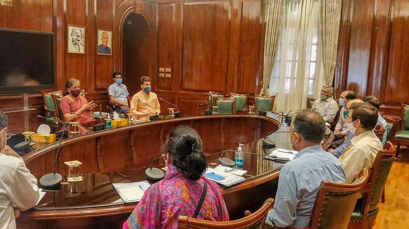 Finance Minister Nirmala Sitharaman addresses a meeting in New Delhi.  PTI photo