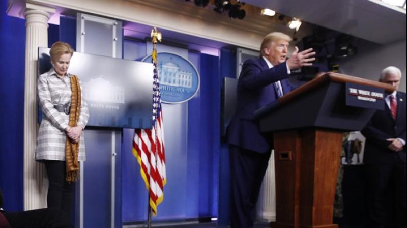 President Donald Trump speaks during a coronavirus task force briefing at the White House, Sunday, April 5, 2020, in Washington. (AP Photo)