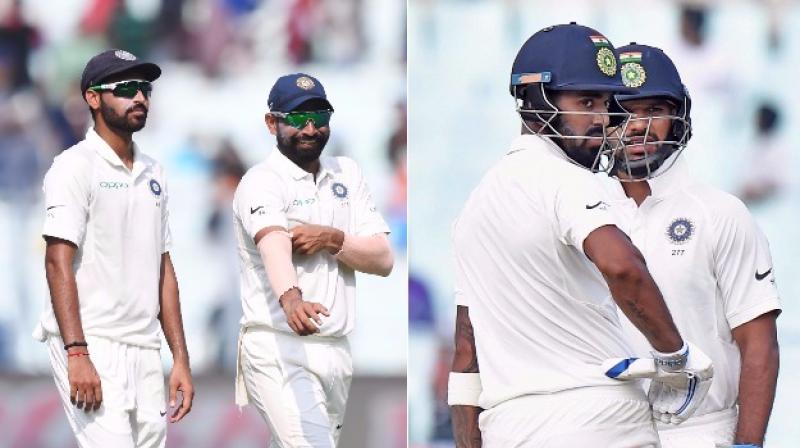 Bhuvneshwar Kumar and Mohammed Shami put up a fantastic display of swing bowling before KL Rahul and Shikhar Dhawan boosted India’s hopes of a comeback win with a crucial century partnership on Day 4 of the first Test at the Eden Gardens here on Sunday. (Photo: AFP) Bhuvneshwar Kumar and Mohammed Shami put up a fantastic display of swing bowling before KL Rahul and Shikhar Dhawan boosted India’s hopes of a comeback win with a crucial century partnership on Day 4 of the first Test at the Eden Gardens here on Sunday. (Photo: AFP)