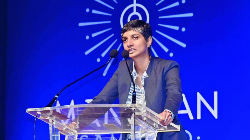 Menaka Guruswamy speaks on Constitution during a Manthan event on Gandhi Jayanti at the Shilpakala Vedika on Wednesday. (Photo: DC) Menaka Guruswamy speaks on Constitution during a Manthan event on Gandhi Jayanti at the Shilpakala Vedika on Wednesday. (Photo: DC)