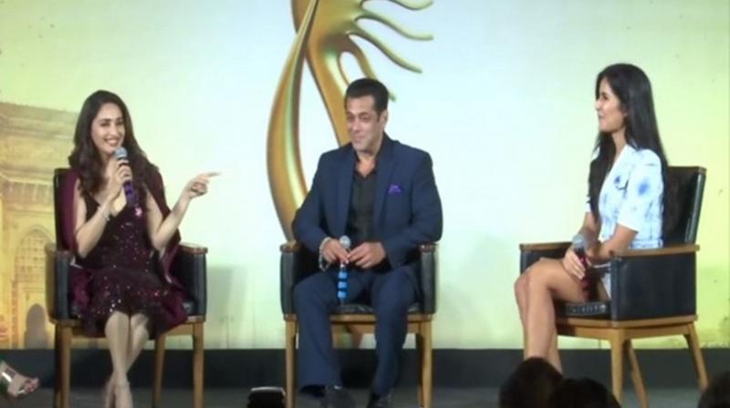 Salman Khan, Madhuri Dixit and Katrina Kaif at IIFA Press Conference. (Photo: ANI) Salman Khan, Madhuri Dixit and Katrina Kaif at IIFA Press Conference. (Photo: ANI)