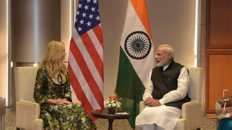 Ivanka Trump, US President Donald Trump's daughter and advisor to the White House, with Prime Minister Narendra Modi in Hyderabad. (Photo: Twitter/Narendra Modi) Ivanka Trump, US President Donald Trump's daughter and advisor to the White House, with Prime Minister Narendra Modi in Hyderabad. (Photo: Twitter/Narendra Modi)