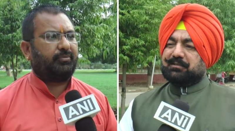 Varun Mehta, the Pradesh Head of Hindu Tatva (L) and Sukhminder Pal Singh Grewal (R), the National Secretary of BJP KIssan Morcha. (Photo: ANI) Varun Mehta, the Pradesh Head of Hindu Tatva (L) and Sukhminder Pal Singh Grewal (R), the National Secretary of BJP KIssan Morcha. (Photo: ANI)