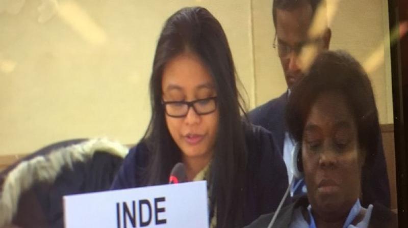 Speaking at the session of UNHRC, Mini Devi Kumam, Second Secretary, India's Permanent Mission, said, 'In gross violation of UN Security Council resolution 1267, the UN designated terrorists like Hafiz Mohammed Saeed are freely operating with State support, and the UN designated entities are being politically mainstreamed in Pakistan.' (Photo: ANI) Speaking at the session of UNHRC, Mini Devi Kumam, Second Secretary, India's Permanent Mission, said, 'In gross violation of UN Security Council resolution 1267, the UN designated terrorists like Hafiz Mohammed Saeed are freely operating with State support, and the UN designated entities are being politically mainstreamed in Pakistan.' (Photo: ANI)