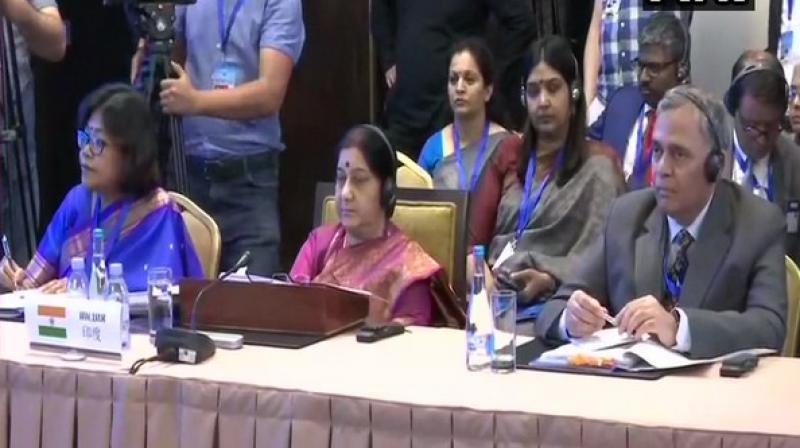 ‘India stands committed to any process, which can help Afghanistan emerge as a united, peaceful, secure, stable, inclusive and economically vibrant nation, with guaranteed gender and human rights,’ Foreign Minister Sushma Swarag at the event. (Photo: ANI) ‘India stands committed to any process, which can help Afghanistan emerge as a united, peaceful, secure, stable, inclusive and economically vibrant nation, with guaranteed gender and human rights,’ Foreign Minister Sushma Swarag at the event. (Photo: ANI)