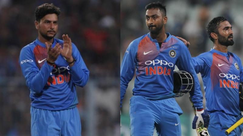 Kuldeep Yadav scalped three wickets while all-rounder Krunal Pandya made a memorable debut as he and Dinesh Karthik helped India cross the finish line in the first Twenty20 against West Indies in Kolkata. (Photo: BCCI) Kuldeep Yadav scalped three wickets while all-rounder Krunal Pandya made a memorable debut as he and Dinesh Karthik helped India cross the finish line in the first Twenty20 against West Indies in Kolkata. (Photo: BCCI)