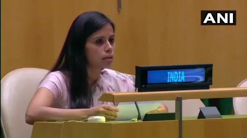 Indian diplomat from country's Permanent Mission to UN, Eenam Gambhir, exercised India's Right of Reply and rejected Qureshi's baseless allegation made during his General Assembly address on Saturday. (Photo: ANI) Indian diplomat from country's Permanent Mission to UN, Eenam Gambhir, exercised India's Right of Reply and rejected Qureshi's baseless allegation made during his General Assembly address on Saturday. (Photo: ANI)