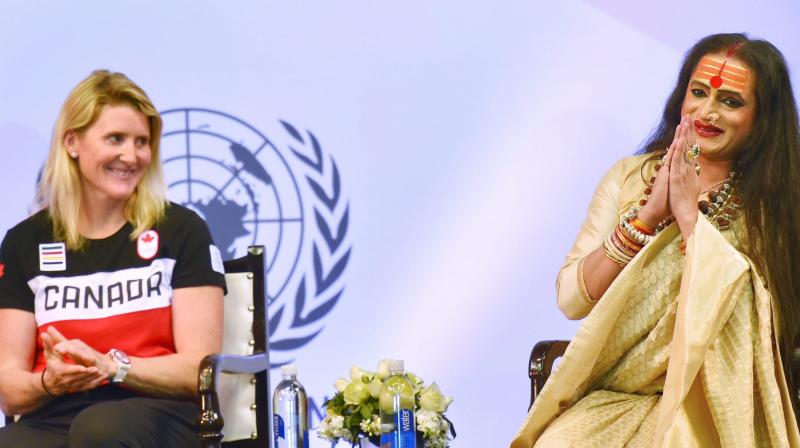 Four-time Canadian Olympic gold medalist Hayley Wickenheiser (left) at the United Nations Young Changemakers Conclave, in New Delhi. Also seen is Laxmi Narayan Tripathi, transgender rights activist. PTI Photo Four-time Canadian Olympic gold medalist Hayley Wickenheiser (left) at the United Nations Young Changemakers Conclave, in New Delhi. Also seen is Laxmi Narayan Tripathi, transgender rights activist. PTI Photo