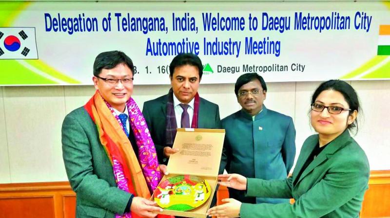Minister K.T. Rama Rao invited the Daegu Automotive Industry reps to visit Telangana. Minister K.T. Rama Rao invited the Daegu Automotive Industry reps to visit Telangana.