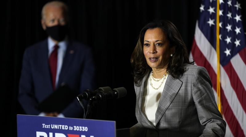 Sen. Kamala Harris, D-Calif., speaks during a news conference with Democratic presidential candidate former Vice President Joe Biden. AP Photo