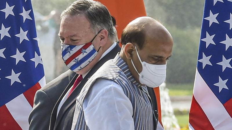 Defence Minister Rajnath Singh and U.S. Secretary of State Mike Pompeo during a press statement, at Hyderabad House in New Delhi, Tuesday, Oct. 27, 2020. (PTI) Defence Minister Rajnath Singh and U.S. Secretary of State Mike Pompeo during a press statement, at Hyderabad House in New Delhi, Tuesday, Oct. 27, 2020. (PTI)