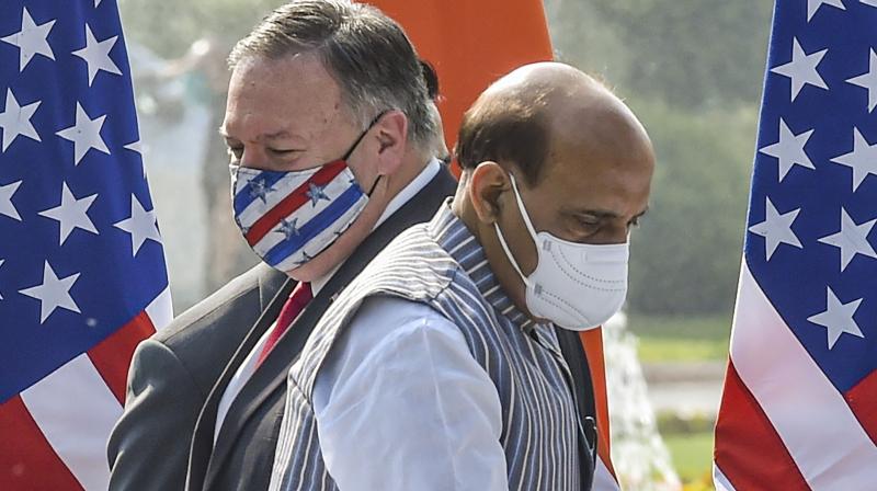 Defence Minister Rajnath Singh and U.S. Secretary of State Mike Pompeo during a press statement, at Hyderabad House in New Delhi, Tuesday, Oct. 27, 2020. (PTI)