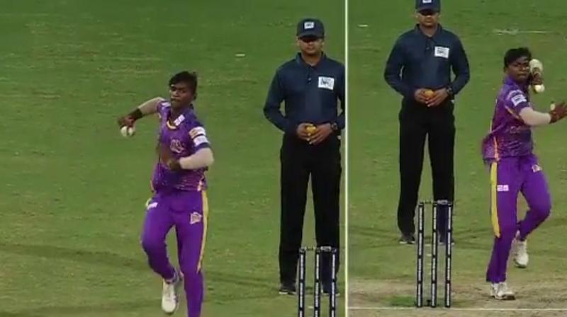 While he bowled left-arm spin to left-handed batsmen, he switched to right-arm spin to bowl to right-handed batsmen. (Photo: Screengrab) While he bowled left-arm spin to left-handed batsmen, he switched to right-arm spin to bowl to right-handed batsmen. (Photo: Screengrab)