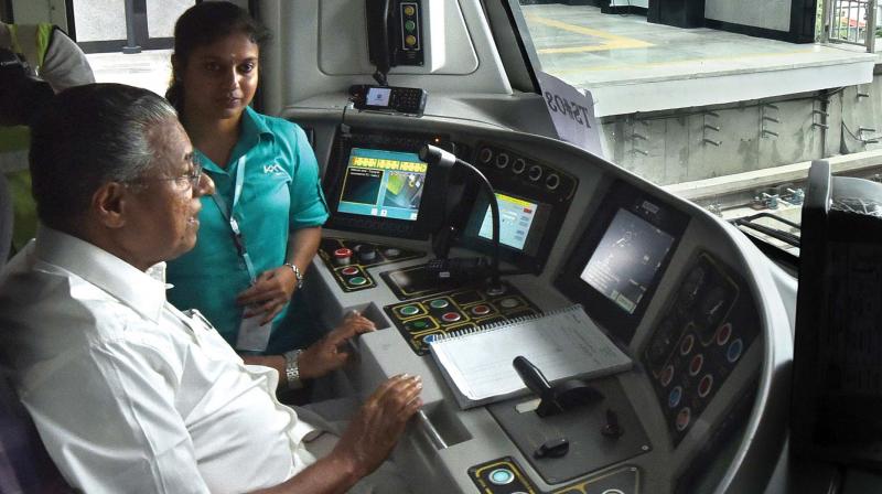 Chief Minister Pinarayi Vijayan at the drivers’ cabin during his metro ride in Kochi on Saturday. (Photo: ARUN CHANDRABOSE) Chief Minister Pinarayi Vijayan at the drivers’ cabin during his metro ride in Kochi on Saturday. (Photo: ARUN CHANDRABOSE)