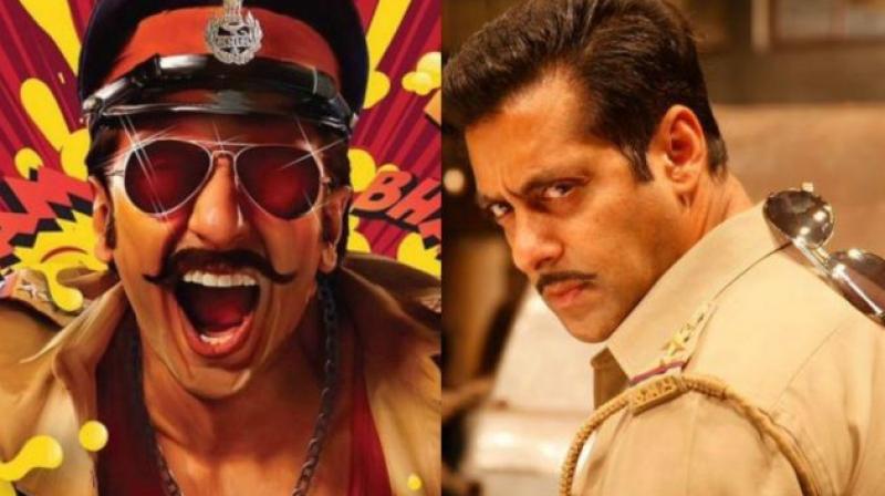 Ranveer Singh in 'Simmba', Salman Khan in 'Dabangg'. Ranveer Singh in 'Simmba', Salman Khan in 'Dabangg'.