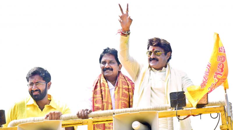 Actor-politician Nandamuri Balakrishna campaigns for TD Vizag LS candidate M. Sribharat in Visakhapatnam on Saturday. (Photo: Deccan chronicle) Actor-politician Nandamuri Balakrishna campaigns for TD Vizag LS candidate M. Sribharat in Visakhapatnam on Saturday. (Photo: Deccan chronicle)