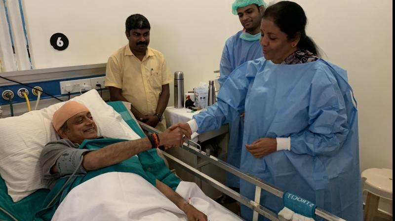 'Touched by the gesture of Nirmala Sitharaman, who dropped by today morning to visit me in the hospital, amid her hectic electioneering in Kerala,' (Photo: Twitter) 'Touched by the gesture of Nirmala Sitharaman, who dropped by today morning to visit me in the hospital, amid her hectic electioneering in Kerala,' (Photo: Twitter)