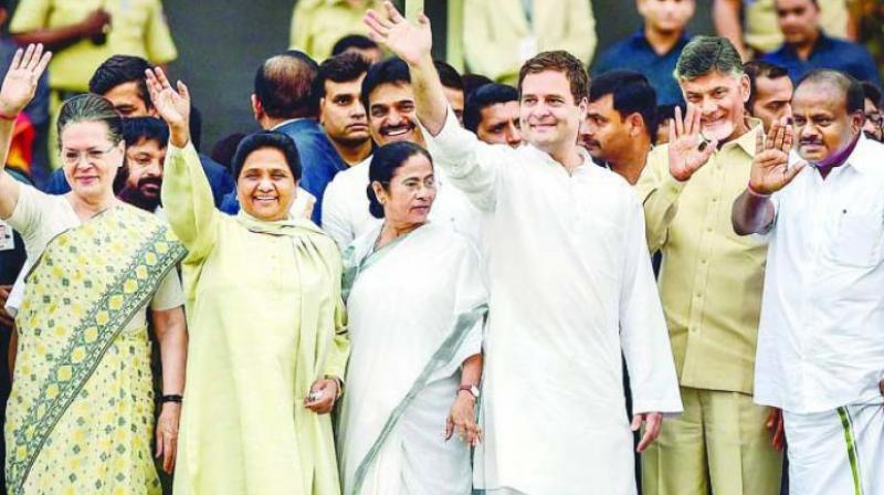 Sonia Gandhi, Mayawati, Mamata Banerjee, Rahul Gandhi, N Chandrababu Naidu and newly-sworn-in Karnataka chief minister H D Kumaraswamy in Bengaluru on May 23. (Photo: File | PTI) Sonia Gandhi, Mayawati, Mamata Banerjee, Rahul Gandhi, N Chandrababu Naidu and newly-sworn-in Karnataka chief minister H D Kumaraswamy in Bengaluru on May 23. (Photo: File | PTI)