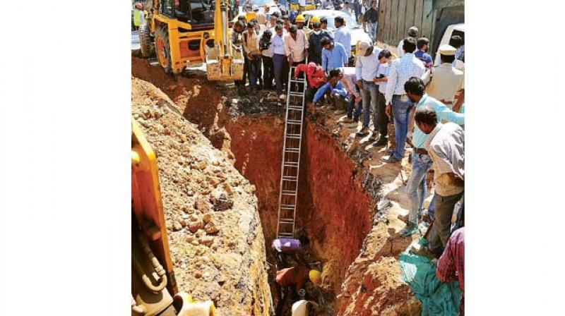 The repair work for the damaged GAIL gas pipeline threw traffic out of gear on ITPL Main Road on Monday (Image DC) The repair work for the damaged GAIL gas pipeline threw traffic out of gear on ITPL Main Road on Monday (Image DC)