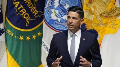Acting Homeland Security Secretary Chad Wolf speaks during an event at DHS headquarters in Washington. The Department of Homeland Security has rolled out a series of of immigration measures in recent days. The agency is helping to revive an issue that was at the heart of Trump’s successful 2016 campaign, but largely on the back burner in the current one. (AP)