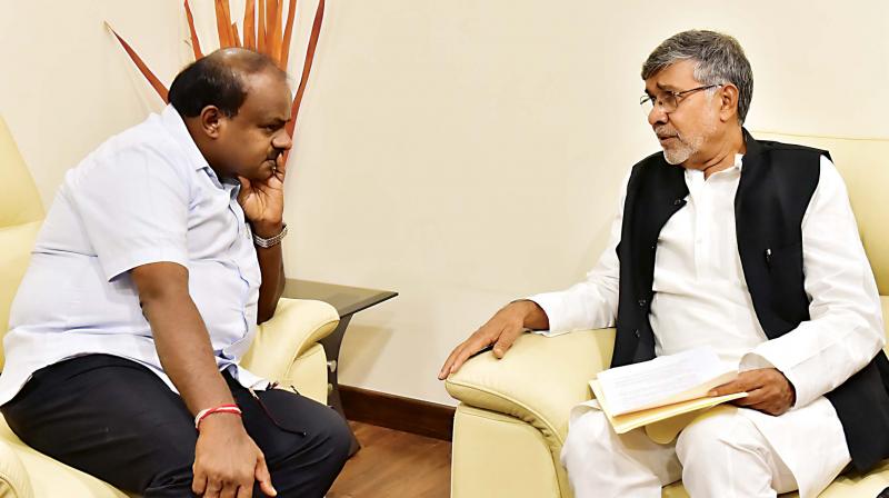 Nobel laureate Kailash Satyarthi and CM H.D. Kumaraswamy discussed about child rights and safety issues, on Saturday (Image: DC) Nobel laureate Kailash Satyarthi and CM H.D. Kumaraswamy discussed about child rights and safety issues, on Saturday (Image: DC)