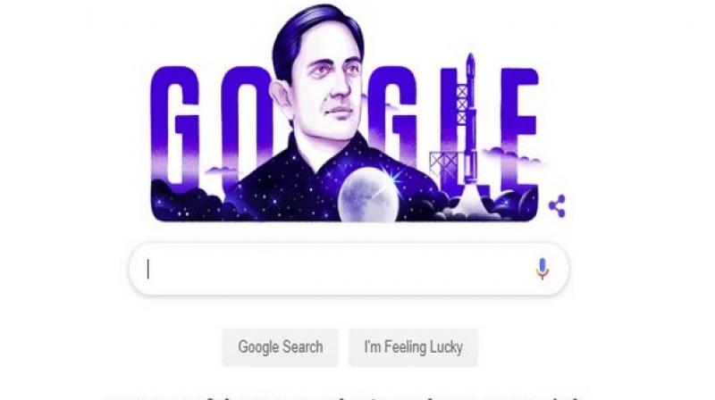 The doodle, illustrated by Mumbai-based guest artist Pavan Rajurkar, had a blue and white portrait of the renowned physicist along with moon, rocket and stars, outlining his association with space programs. (Photo: ANI) The doodle, illustrated by Mumbai-based guest artist Pavan Rajurkar, had a blue and white portrait of the renowned physicist along with moon, rocket and stars, outlining his association with space programs. (Photo: ANI)