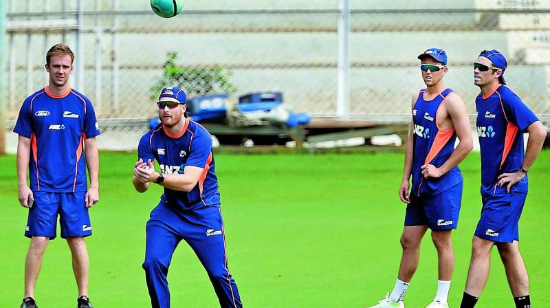 New Zealand players during a practice session at Brabourne stadium in Mumbai. (Photo: AP) New Zealand players during a practice session at Brabourne stadium in Mumbai. (Photo: AP)