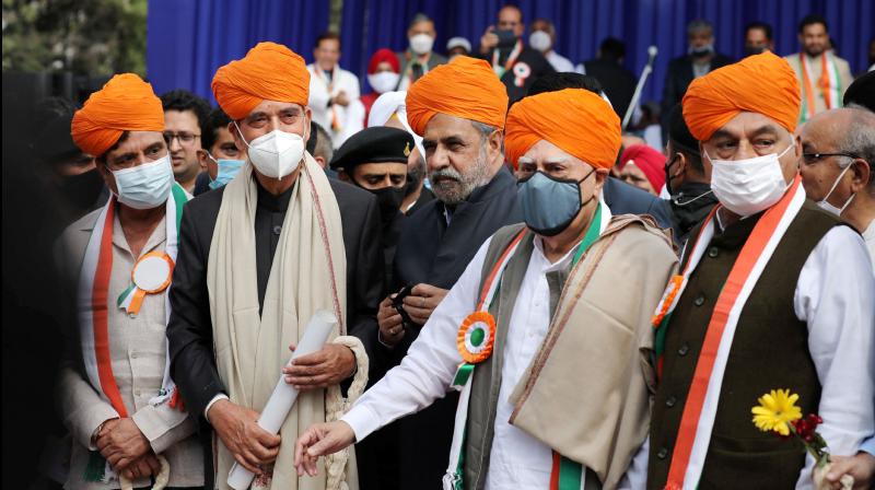 Congress leaders Ghulam Nabi Azad, Anand Sharma, Kapil Sibal, Bhupinder Singh Hooda and Raj Babbar during a Shanti Sammelan event in Jammu on Feb. 27, 2021. (PTI)