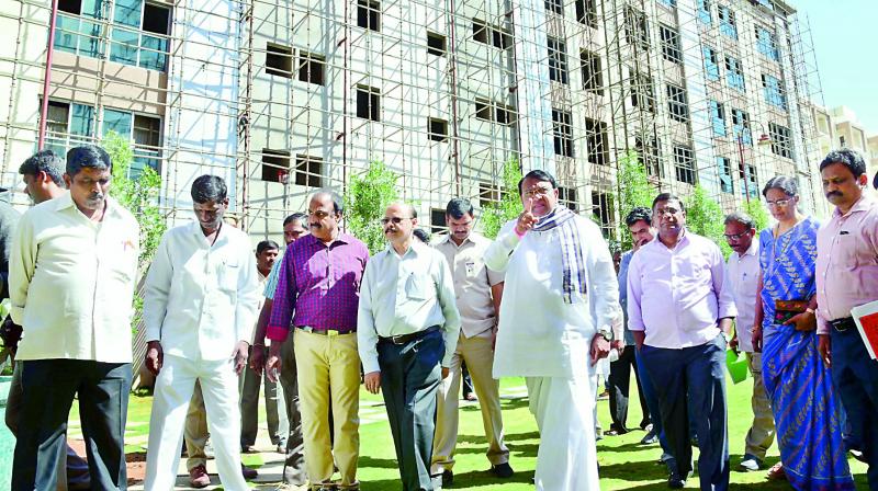 Assembly Speaker Pocharam Srinivas Reddy inspects the newly-constructed MLA quarters at Hyderguda in Hyderabad on Tuesday. (Photo: P. Surendra) Assembly Speaker Pocharam Srinivas Reddy inspects the newly-constructed MLA quarters at Hyderguda in Hyderabad on Tuesday. (Photo: P. Surendra)