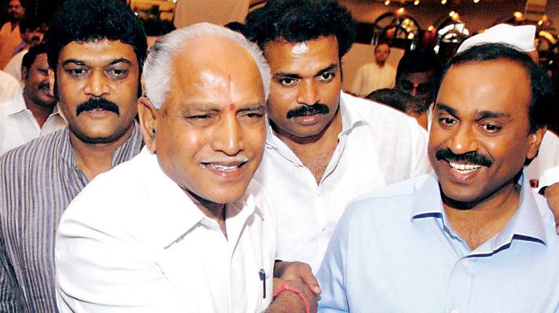 BJP state president B.S. Yeddyurappa, former tourism minister and mining baron Gali Janardhan Reddy and his close associate and Ballari Lok Sabha MP B. Sriramulu in a file photo. BJP state president B.S. Yeddyurappa, former tourism minister and mining baron Gali Janardhan Reddy and his close associate and Ballari Lok Sabha MP B. Sriramulu in a file photo.
