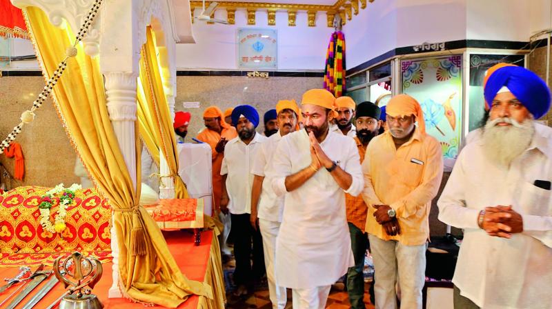 Minister of state for home G. Kishan Reddy visits a Gurudwara at Ameerpet on Saturday as part of a visit to select areas in his constituency. (Photo: DC) Minister of state for home G. Kishan Reddy visits a Gurudwara at Ameerpet on Saturday as part of a visit to select areas in his constituency. (Photo: DC)