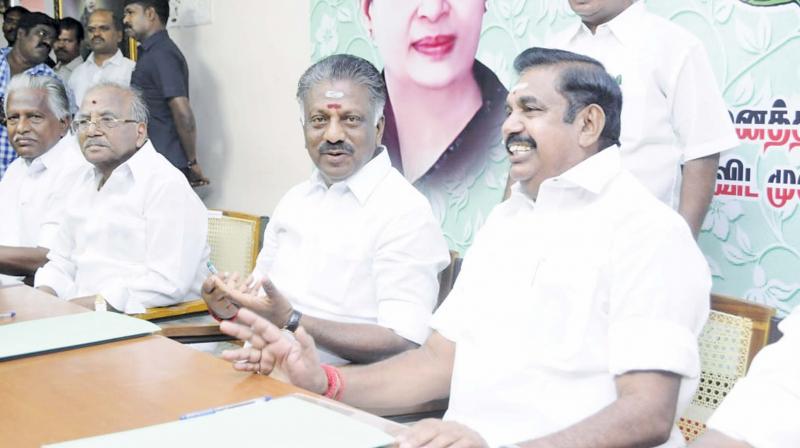 AIADMK coordinator and Deputy Chief Minister O. Panneerselvam and and joint coordinator and Chief Minister Edappadi K. Palaniwami at the party meeting in Chennai on Wednesday. — DC AIADMK coordinator and Deputy Chief Minister O. Panneerselvam and and joint coordinator and Chief Minister Edappadi K. Palaniwami at the party meeting in Chennai on Wednesday. — DC