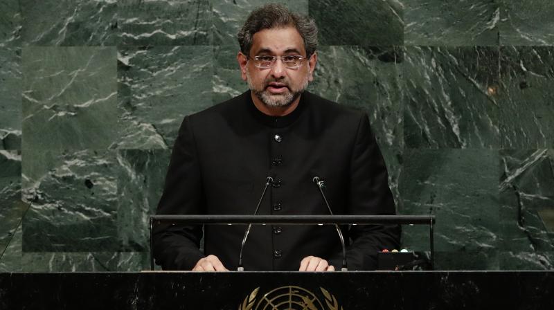 Prime Minister of Pakistan Shahid Khaqan Abbasi addresses the United Nations General Assembly on Thursday at the United Nations headquarters. (Photo: AP) Prime Minister of Pakistan Shahid Khaqan Abbasi addresses the United Nations General Assembly on Thursday at the United Nations headquarters. (Photo: AP)