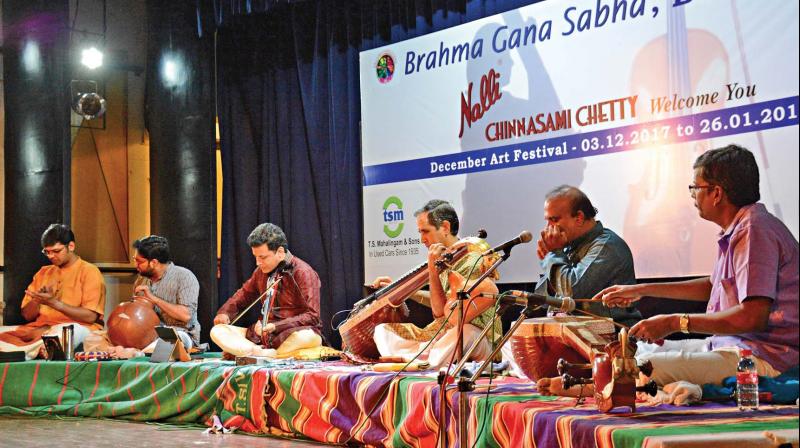 A full bench instrumental ensemble including Mudikondan Ramesh (veena), Embar Kannan (violin) Chandrasekhara Sharma (ghatam), Sundar (morshing) and S.Subramanian (gottuvadhiyam) enthralls rasikas at Brahma Gana Sabha’s music festival in the city on Monday. (Photo: DC) A full bench instrumental ensemble including Mudikondan Ramesh (veena), Embar Kannan (violin) Chandrasekhara Sharma (ghatam), Sundar (morshing) and S.Subramanian (gottuvadhiyam) enthralls rasikas at Brahma Gana Sabha’s music festival in the city on Monday. (Photo: DC)