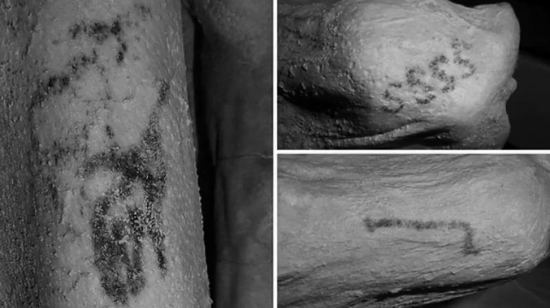 The artworks appeared as dark smudges in natural light but researchers at the British Museum and Oxford University’s Faculty of Oriental Studies found the tattoos in 2017 with infrared photography. The artworks appeared as dark smudges in natural light but researchers at the British Museum and Oxford University’s Faculty of Oriental Studies found the tattoos in 2017 with infrared photography.