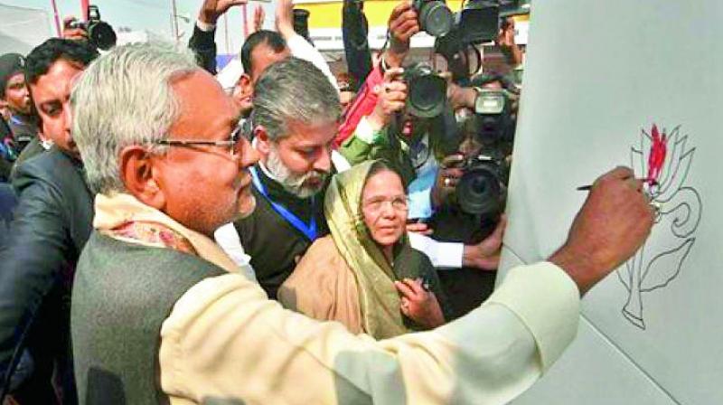 Bihar Chief Minister Nitish Kumar paints on a lotus drawing at a book fair in Patna on Saturday. Bihar Chief Minister Nitish Kumar paints on a lotus drawing at a book fair in Patna on Saturday.