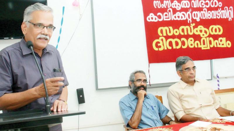 Professor P. Narayanan Namboothiri addresses the gathering at the Sanskrit Day celebrations in CU. Professor P. Narayanan Namboothiri addresses the gathering at the Sanskrit Day celebrations in CU.