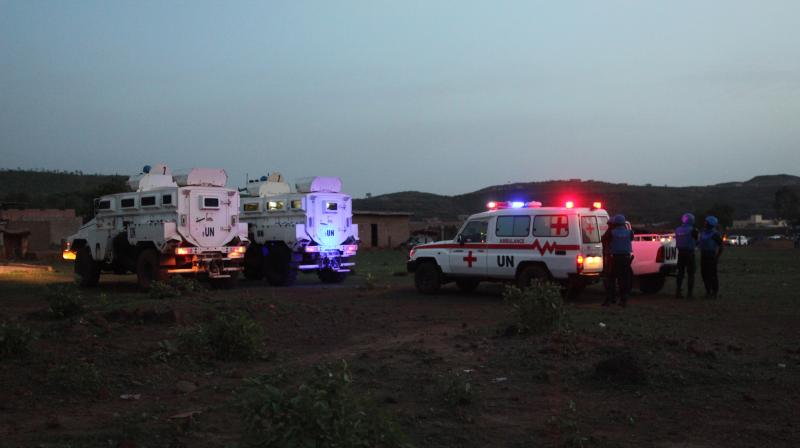 United Nations armored personnel vehicles are stationed with an ambulance outside Campement Kangaba, a tourist resort near Bamako, Mali, Sunday. (Photo: AP) United Nations armored personnel vehicles are stationed with an ambulance outside Campement Kangaba, a tourist resort near Bamako, Mali, Sunday. (Photo: AP)