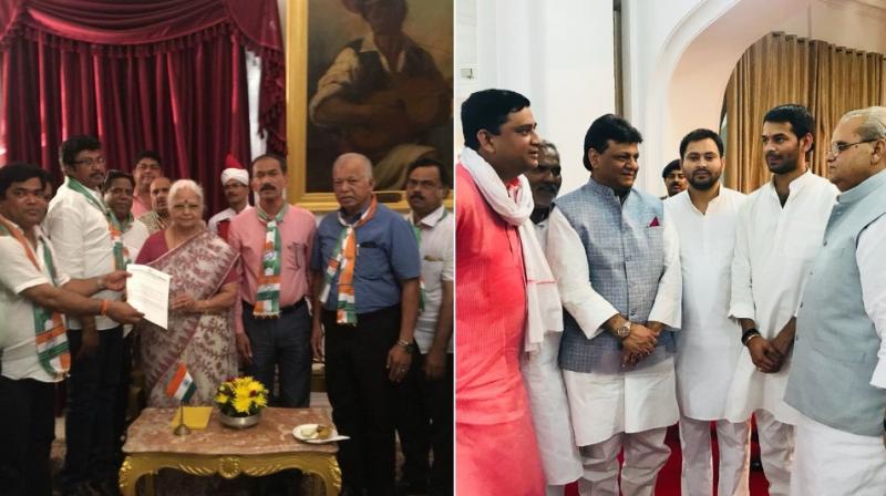 RJD leaders met Bihar Governor Satyapal Malik to stake claim to form a government in the state (R). 13 Goa Congress MLAs hands over a memorandum to Governor Mridula Sinha staking claim to come to power being the single largest party elected in 2017 Assembly election (L). (Photo: ANI | Twitter) RJD leaders met Bihar Governor Satyapal Malik to stake claim to form a government in the state (R). 13 Goa Congress MLAs hands over a memorandum to Governor Mridula Sinha staking claim to come to power being the single largest party elected in 2017 Assembly election (L). (Photo: ANI | Twitter)