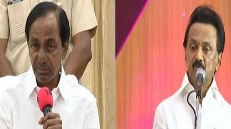 Telangana Rashtra Samiti (TRS) chief and Telangana Chief Minister K Chandrashekhar Rao is set to meet Dravida Munnetra Kazhagam (DMK) president MK Stalin here on Monday. (Photo: ANI) Telangana Rashtra Samiti (TRS) chief and Telangana Chief Minister K Chandrashekhar Rao is set to meet Dravida Munnetra Kazhagam (DMK) president MK Stalin here on Monday. (Photo: ANI)