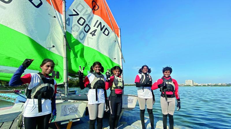 Sailors of the Yacht Club shortlisted for the Worlds and Asians at Italy and Sri Lanka (from left) Sireesha Kerre, Jhansi Priya Laveti, Vaishnavi Veeravamsham, Dharani Laveti and Ravali Parandi.