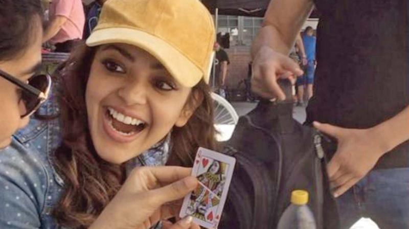 Kajal on the sets of Mersal. Kajal on the sets of Mersal.