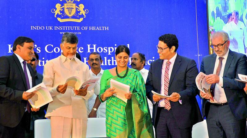 Chief Minister N. Chandrababu Naidu, Anupriya Patel, Minister for Health and Family welfare, Dr. Ajay Rajan Gupta, CEO and MD, Indo-UK Institute release a book during the foundation ceremony. Chief Minister N. Chandrababu Naidu, Anupriya Patel, Minister for Health and Family welfare, Dr. Ajay Rajan Gupta, CEO and MD, Indo-UK Institute release a book during the foundation ceremony.