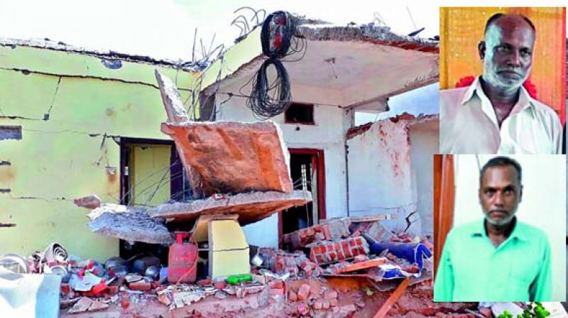 A photograph of the collapsed house (above) which killed two brothers — Meesala Venkat Reddy (top right) and Prabhakar Reddy (right) — at Raigir. (Photo: DC) A photograph of the collapsed house (above) which killed two brothers — Meesala Venkat Reddy (top right) and Prabhakar Reddy (right) — at Raigir. (Photo: DC)