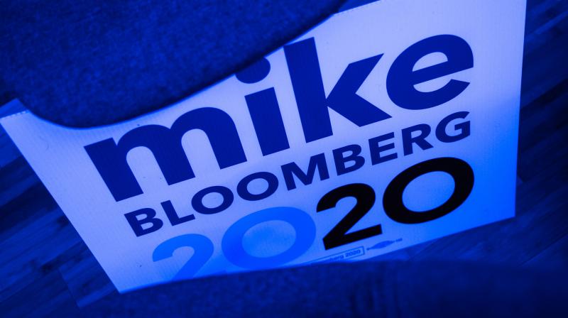 Mike Bloomberg 2020 campaign signage is seen during a debate watch party at the candidates field office. AFP photo