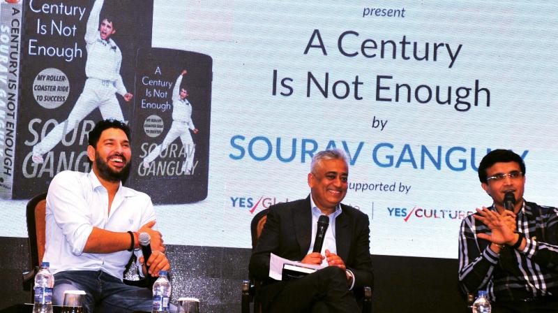 Cricketer Yuvraj Singh and TV journalist Rajdeep Sardesai share a light moment with Sourav Ganguly at the launch of his book A Century is not Enough in New Delhi (Photo: DC) Cricketer Yuvraj Singh and TV journalist Rajdeep Sardesai share a light moment with Sourav Ganguly at the launch of his book A Century is not Enough in New Delhi (Photo: DC)