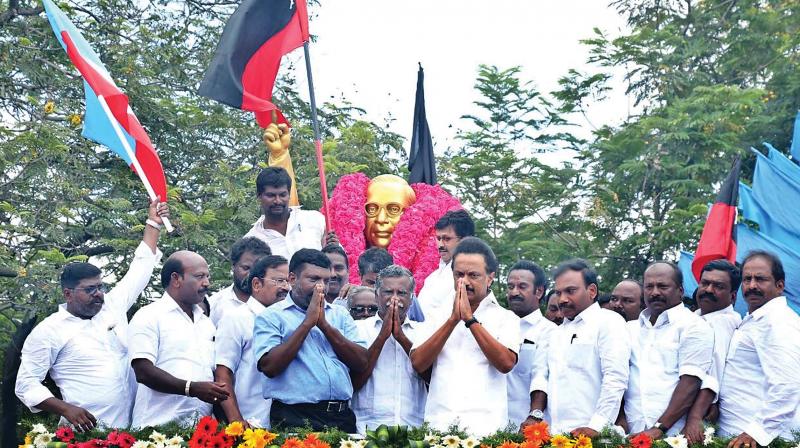 DMK party working president, M.K.Stalin pays tributes to Ambedkar on his 127th birth anniversary at Koyambedu on Saturday along with VCK leader Thol. Thirumavalavan and CPI state secretary R. Mutharasan. (Photo:DC) DMK party working president, M.K.Stalin pays tributes to Ambedkar on his 127th birth anniversary at Koyambedu on Saturday along with VCK leader Thol. Thirumavalavan and CPI state secretary R. Mutharasan. (Photo:DC)