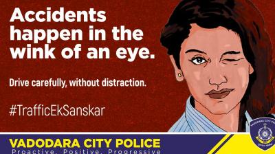 Under #TrafficEkSanskar and Priya Prakash Varrier’s wink, cops of Vadodara, on March 21, posted on their official Twitter handle, 'Accidents happen in the wink of an eye. Drive carefully, without distraction.' (Photo: Twitter | @Vadcitypolice)