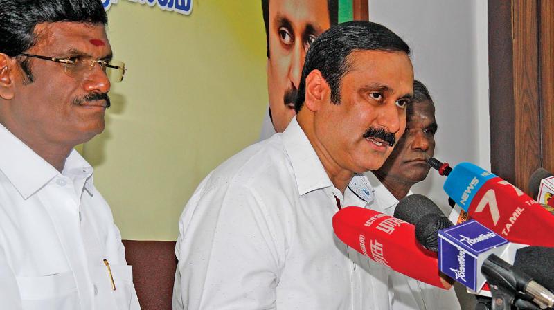 PMK leader Dr Anbumani Ramadoss addresses the media on Sterlite issue at his party office in T Nagar on Wednesday. (Photo: DC) PMK leader Dr Anbumani Ramadoss addresses the media on Sterlite issue at his party office in T Nagar on Wednesday. (Photo: DC)
