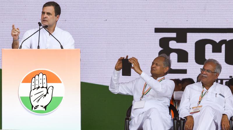 Congress leader Rahul Gandhi addresses the partys Mehangai Par Halla Bol rally on price rise, at Ramlila Maidan, in New Delhi, Sunday, Sept. 4, 2022. Rajasthan CM Ashok Gehlot and Chhattisgarh CM Bhupesh Baghel are also seen. (mage: PTI)